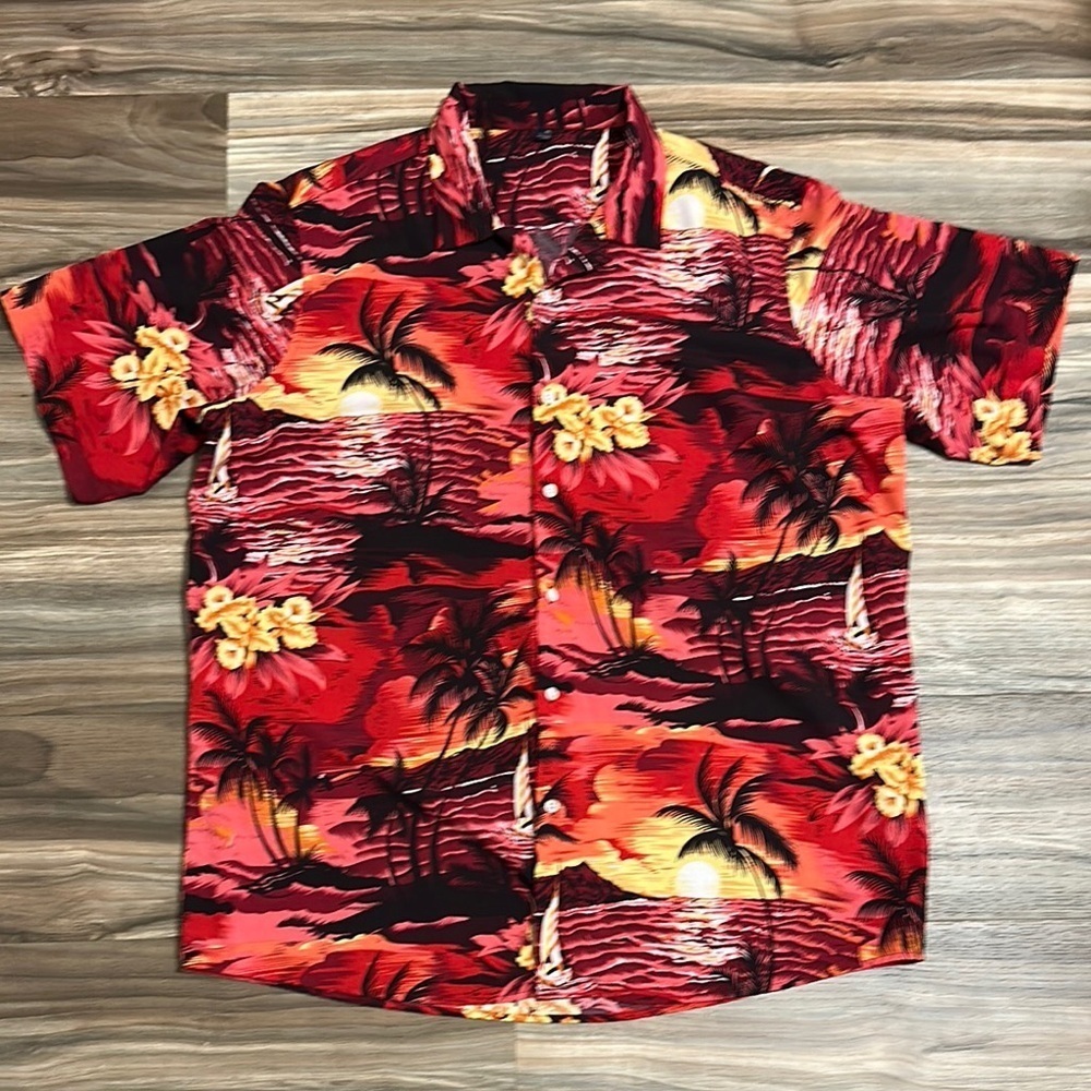 Design in Italy Luxury Mens Hawaiian Shirt Button Up Ocean Sunset Print XL